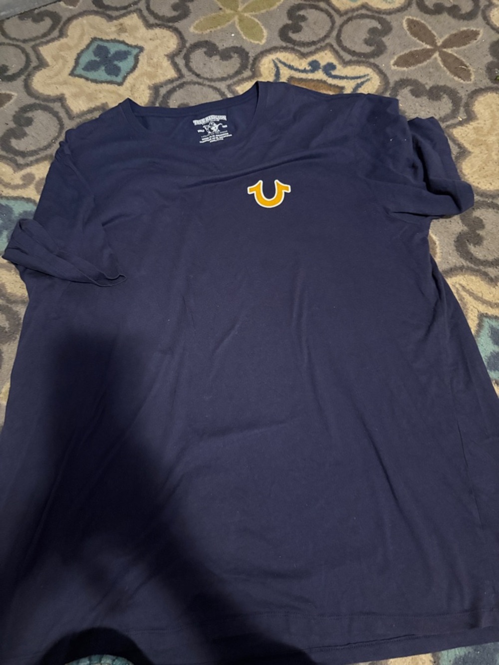 True Religion Navy Tee with Yellow Horseshoe Logo